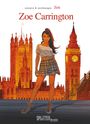 "Zoe Carrington" und "Jim". Eine Frau in schottischem Rock steht vor orangefarbenen Gebäuden im Stil von Big Ben und Palace.