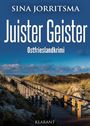 „Juister Geister: Ostfrieslandkrimi“ von Sina Jorritsma. Ein Holzweg führt durch Dünen unter blauem Himmel.