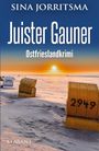 "Juister Gauner", "Ostfrieslandkrimi" von Sina Jorritsma. Sonnenuntergang, Strandkörbe mit Nummern 2992, 2906, 2949.