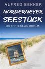 "ALFRED BEKKER, Norderneyer Seestück. Ostfrieslandkrimi." Ein goldgerahmtes Gemälde eines Segelschiffs am Strandweg.