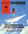 ZEIT WISSEN, Los geht's. Ich mache das jetzt trotzdem! Illustration: Frau auf Papierflieger am Himmel.
