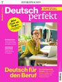 „Deutsch perfekt SPEZIAL“, „Keine Panik am Telefon. Tipps für Gespräche auf Deutsch“, Frau am Laptop, gelbes Hemd.