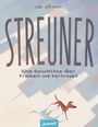 "Streuner. Eine Geschichte über Freiheit und Vertrauen." Illustration eines Hundes, der über bunte Flächen läuft.