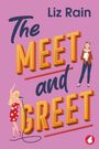 “Liz Rain, The Meet and Greet” in verspielten Buchstaben. Eine Illustration mit Frau am Mikrofon und Frau mit Papier.