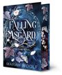 "Falling Asgard. List und Vorurteil. Marah Woolf." Illustratives Design mit Blättern, Blüten und mystischen Symbolen in Blau.