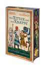 "Der Ritter und der Knappe. Die Elftausend Jungfrauen." Illustration eines Ritters mit Schild, einem Knappe und Pferd.