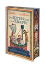 Buchtitel: "Der Ritter und der Knappe - Der letzte Herzschlag". Illustration eines Bootes mit drei Figuren auf Wellen.