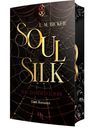 „Soul Silk: The Damned Loom. Dark Romance. L. M. Bicker.“ Buchcover mit Spinnennetz-Motiv in düsteren Farben.