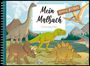 „Mein Malbuch, Dinosaurier, extra großes“. Illustration von Dinosauriern vor Vulkanen und Bergen.