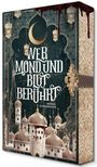 "Wer Mond und Blut berührt. Michael Schwendinger." Vor einem orientalischen Palast mit Halbmond und blutähnlichen Tropfen.