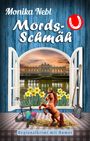 „Monika Nebl - Mords-Schmäh“, „Regionalkrimi mit Humor“. Illustration zeigt Fenster mit Gartenblick, Ponyfigur, Rollator.