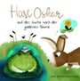 „Hase Oskar auf der Suche nach der goldenen Blume“. Hase denkt an Blume, großer Frosch auf Seerose, Biene fliegt.