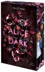 "Alice Queen of the Dark", rosa Leuchtschrift vor dunklen Blumen; rechte Seite mit gemalten Figuren.