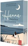 Der Text oben lautet: "Zweieinhalb Schwestern". Unten: "Hanna: Zwischen den Gezeiten". Eine Illustration zeigt eine Frau am Strand bei Mondschein.