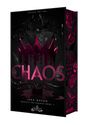 "CHAOS" steht in großen, pinken Buchstaben über einer dunklen, tropfenden Krone. Verspieltes, dunkles Design.