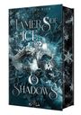 „Tamers of Ice & Shadows“ in eleganter Schrift. Eine reich verzierte Maske vor eisigen, mystischen Details.