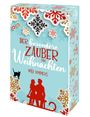 Text: "Der besondere Zauber von Weihnachten, Mila Summers." Illustration mit Schneeflocken, Katze und Personen auf einem Schlitten.