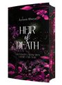 Text: "Ayleen Rheys. Heir of Death. Gefangen zwischen Liebe und Tod." Dunkles Cover mit pinken Blättern und Funken.