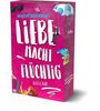 Text: "Liebe macht flüchtig" und "Kiss & Run" von Marit Bernson. Illustration: Frau liest, Mann mit Fallschirm, Bücherstapel.