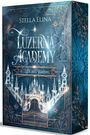 Text: "Stella Elina, Luzerna Academy of Light and Shadows." Eine zauberhafte Schloss-Illustration in Blau- und Bronzetönen.