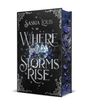 "Saskia Louis, Where Storms Rise" in stilisierter Schrift auf einem kunstvoll verzierten Buchcover mit floralen Mustern.