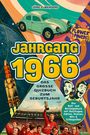 "Jahrgang 1966, das große Quizbuch zum Geburtsjahr." Retro-Stil, VW Käfer, Rakete, jubelnde Fußballspieler, Flower-Power-Motive.