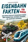 Text: "Eisenbahn Fakten für Kinder", "Alles über Züge", "Für Kinder ab 6", Illustration: Dampflok und moderner Zug auf Schienen.