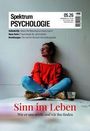 „Sinn im Leben: Wie er uns stärkt und wir ihn finden.“ Eine Frau in rotem Pulli sitzt entspannt an einer Wand.