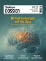 Spektrum Dossier 04.26: "Hirnerkrankungen auf der Spur". Abbildung eines Gehirns, im Hintergrund ein grünlicher Nebel.