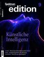 Spektrum edition 9. Künstliche Intelligenz. Illustration eines stilisierten menschlichen Kopfes in neonblau.