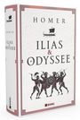 „Ilias & Odyssee“ von Homer. Illustration von kämpfenden Kriegern in antikem Stil, Schiffsmotiv darüber.