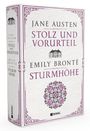 Buchcover mit Büchertiteln: "Stolz und Vorurteil" von Jane Austen, "Sturmhöhe" von Emily Brontë. Verzierungen in Lila.