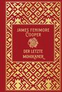 Text: "JAMES FENIMORE COOPER DER LETZTE MOHIKANER." Roter Hintergrund, goldene geometrische Muster.