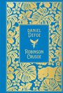 "DANIEL DEFOE ROBINSON CRUSOE" in Gold auf Blau. Tropische Blätter, Affe und Papagei verzieren den Hintergrund.