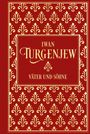 Text: "IWAN TURGENJEW VÄTER UND SÖHNE". Roter Hintergrund mit goldenen floralen Mustern, elegant gestaltet.