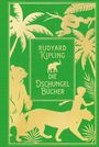 "RUDYARD KIPLING DIE DSCHUNGEL BÜCHER". Goldene Silhouetten: Bär, Panther, Junge, Palme, Schlange auf grünem Hintergrund.