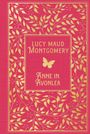 Text: "LUCY MAUD MONTGOMERY ANNE IN AVONLEA." Design: Roter Hintergrund mit goldenen Zweigen und einem Schmetterling.