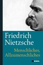 „Friedrich Nietzsche: Menschliches, Allzumenschliches“, Buchcover mit Porträt eines Mannes seitlich und Logo "NIKOL".