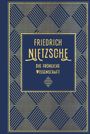 "FRIEDRICH NIETZSCHE DIE FRÖHLICHE WISSENSCHAFT" in goldener Schrift auf blauem Hintergrund mit geometrischem Muster.