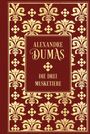 "Alexandre Dumas, Die drei Musketiere" in goldener Schrift auf rotem Hintergrund mit goldenen floralen Mustern.