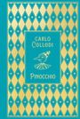 Text: "Carlo Collodi, Pinocchio". Ein stilisiertes Profil von Pinocchio, mit geometrischem, rautenförmigem Muster in gold und türkis.