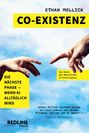 "CO-EXISTENZ" und "Ethan Mollick" in kräftigen Buchstaben. Zwei sich fast berührende Hände vor blauem Himmel, inspiriert von Michelangelo.