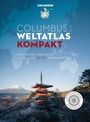 Text: COLUMBUS WELTATLAS KOMPAKT, MIT FAKTEN UND INFOS ZU ALLEN KONTINENTEN. Illustration mit Berg und Pagode.