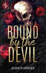 "BOUND by the DEVIL", Jessica Graves. Ein Totenkopf mit roter Schlange, umgeben von roten Rosen und schwarzen Federn.