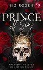 Text: "Liz Rosen, Prince of Sins, Eine Enemies to Lovers Dark Academia Romance." Illustration: Schädel mit Krone, rote Rosen.