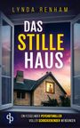 „Das stille Haus“ von Lynda Renham. Ein beleuchtetes Steinhaus bei Sonnenuntergang, logoartiges dp-Symbol.