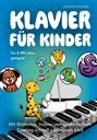 „Klavier für Kinder“, geeignet für 5-99 Jahre. Bunte Tiere spielen Klavier, umgeben von Noten und Symbolen.