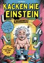 „KACKEN WIE EINSTEIN“ [BRANDNEU] – Ein Comic von Einstein auf der Toilette. Bunte Kacheln, Bücher und Glühbirne.