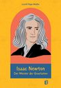 Isaac Newton, Der Meister der Gravitation. Illustration eines Mannes mit grauem Haar auf orange-gelbem Hintergrund.