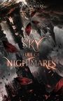 Titel: "A SKY FULL OF NIGHTMARES". Ein düsteres, fantastisches Landschaftsgemälde mit fliegenden roten Blättern.